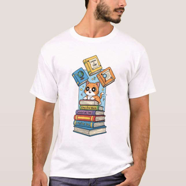 T-shirt Curious Bookworm Kitten Illustration (Devant)