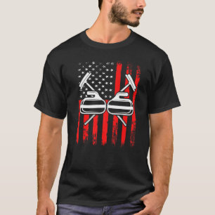 T-shirt Curling Rock Broom Sports d'hiver Drapeau américai