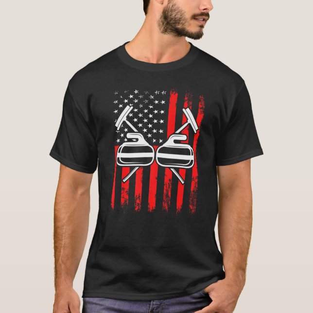 T-shirt Curling Rock Broom Sports d'hiver Drapeau américai (Devant)