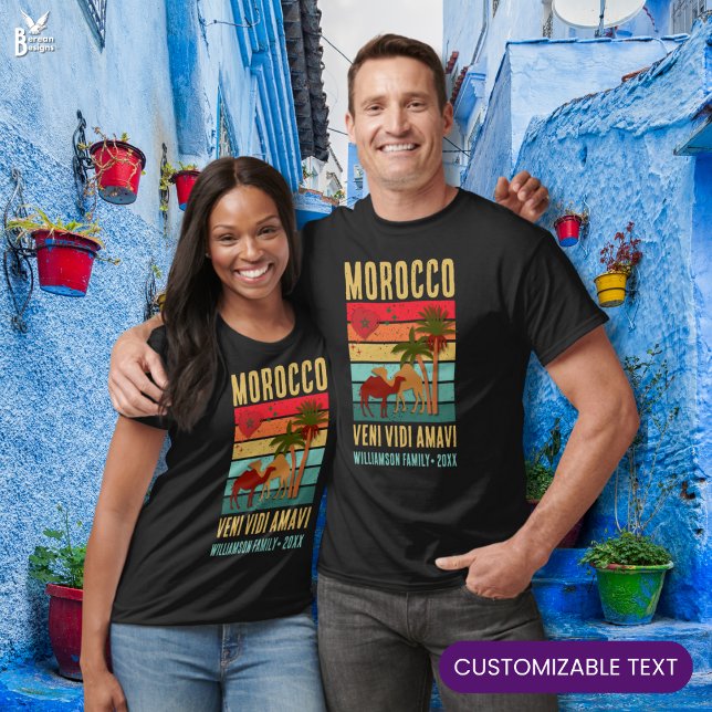 T-shirt Custom Family Reunion Vacation Morocco Trip (Morocco Family Group Vacation shirt w/ vintage sunset, custom text. Ideal for group/family reunions)