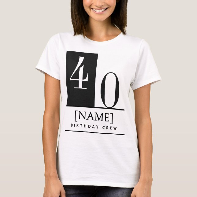 T-shirt Custom Name & Age Shirt, Black White Birthday Crew (Devant)