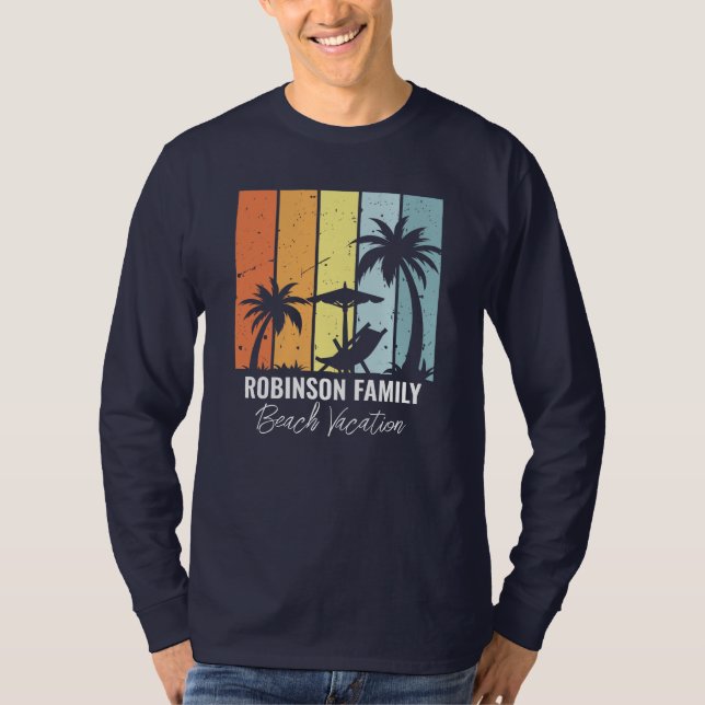 T-shirt Custom Retro Beach Trip Navy Blue Long Sleeve (Devant)