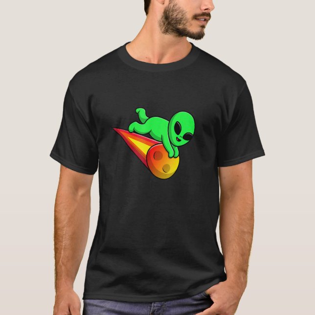 T-shirt Cute Alien Flying with Meteorite Stone Asteroid UF (Devant)
