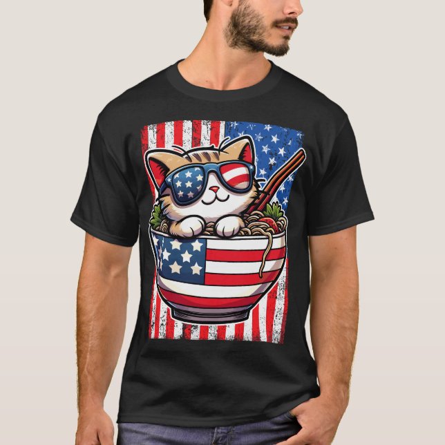 T-shirt Cute America Chat Mange Ramen (Devant)