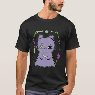 T-shirt Cute Anime Chat Noir Fantôme Et Couteau Pour Hallo