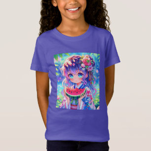 T-Shirt Cute Anime Girl Manger Watermelon sur une journée 