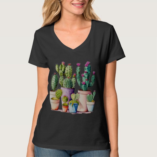 T-shirt Cute aquarelle cactus succulents dans les pots (Devant)