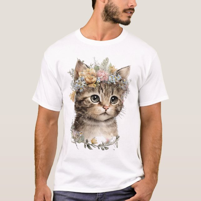 T-shirt Cute Aquarelle Floral Kitten (Devant)