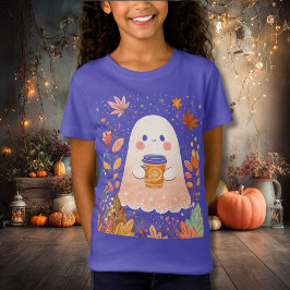 T-Shirt Cute Autumn Ghost with Pumpkin Coffee – Cozy Fall 