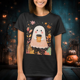 T-shirt Cute Autumn Ghost with Pumpkin Coffee – Cozy Fall 