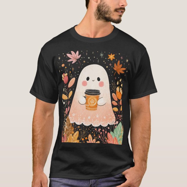 T-shirt Cute Autumn Ghost with Pumpkin Coffee – Cozy Fall  (Devant)