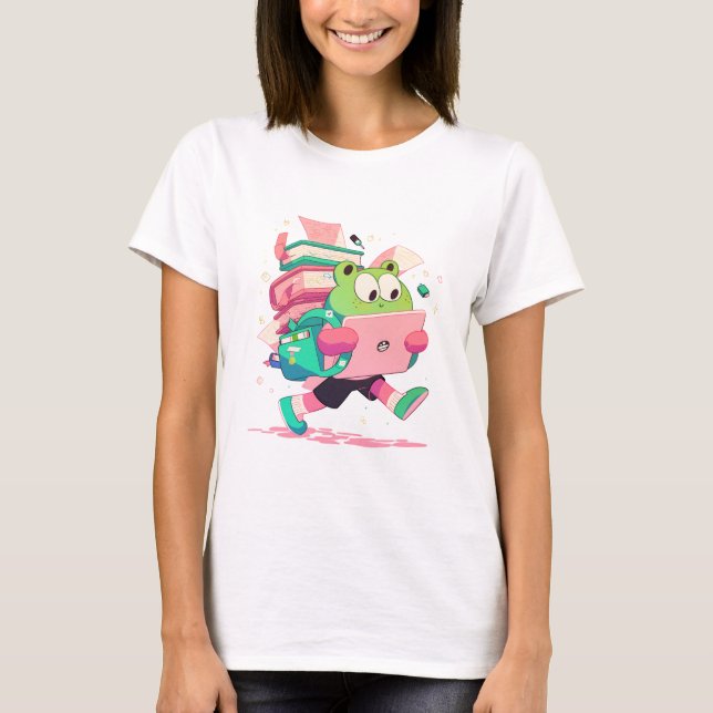 T-shirt Cute Back to School Frog with Books and Backpack (Devant)