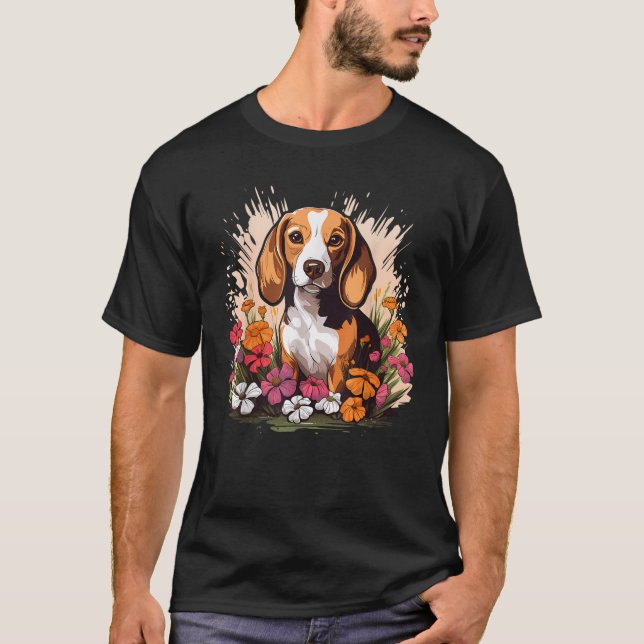 T-shirt Cute Beagle Spring Flower Garden Beautiful Nature  (Devant)