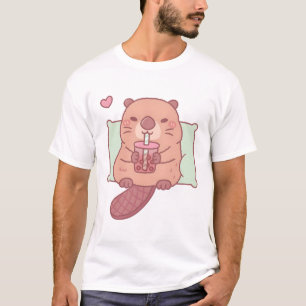 T-shirt Cute Beaver Chilling Avec Thé De Bulle