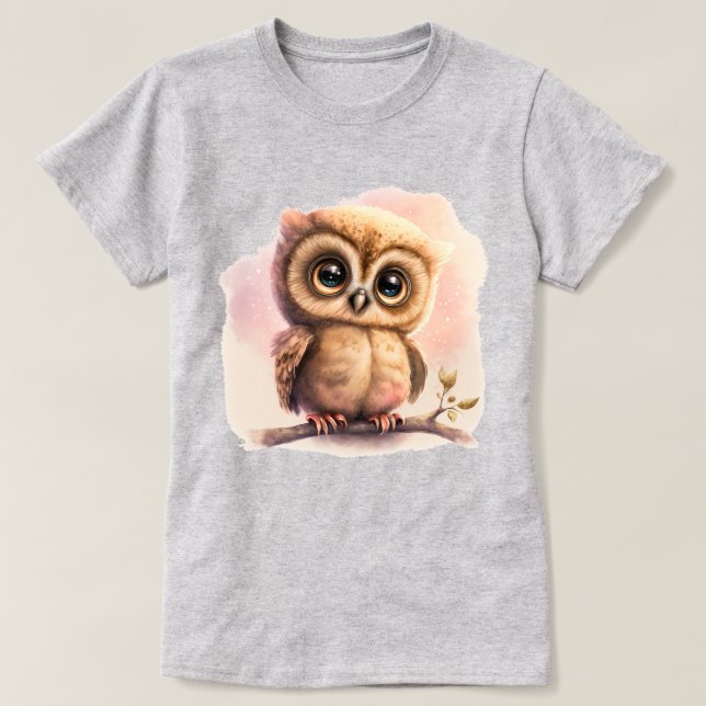 T-shirt Cute Big Eyed Owl sur Arrière - plan rose (Design devant)