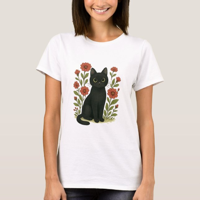 T-shirt Cute Black Cat & Flower Garden Women’s Tee (Devant)