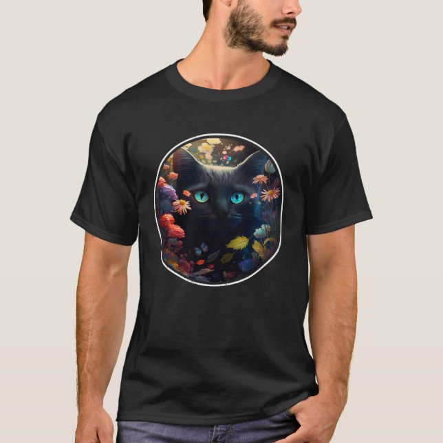 T-shirt Cute Black Cat Hiding in Spring Flowers Aesthetic  (Devant)