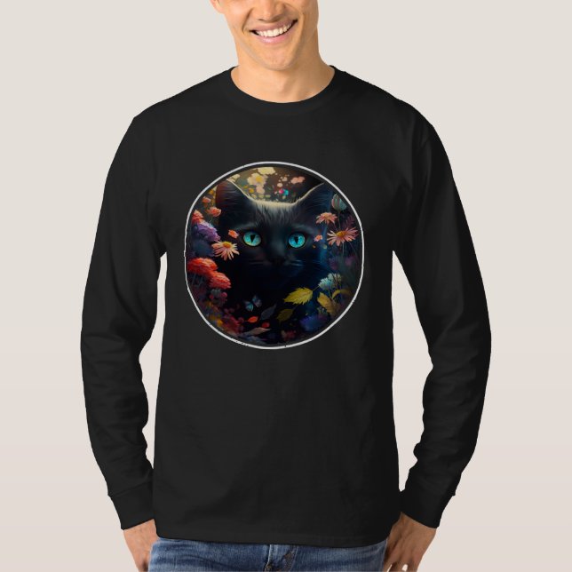 T-shirt Cute Black Cat Hiding in Spring Flowers Aesthetic  (Devant)
