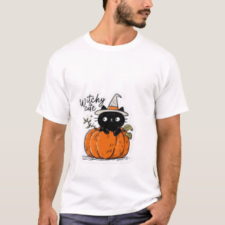 T-shirt Cute black cat in pumpkin with witch hat Classic T