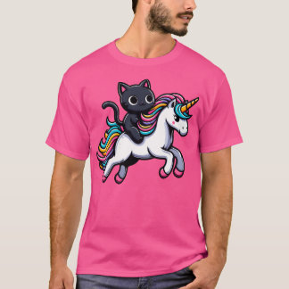 T-shirt Cute Black Kitty Monte Une Unicorne