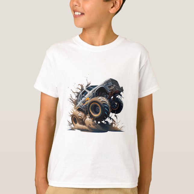 T-shirt Cute Blue Brown Big Race Monster Truck Kids (Devant)