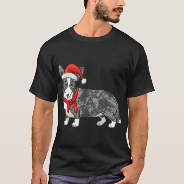 T-shirt Cute Blue Merle Cardigan Corgi Santa Hat (Devant)