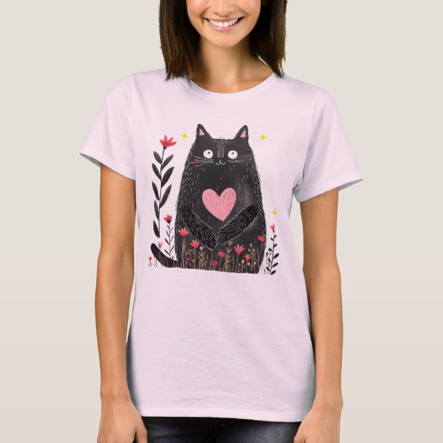 T-shirt Cute Boho Floral Aquarelle Noir Chat Art (Devant)