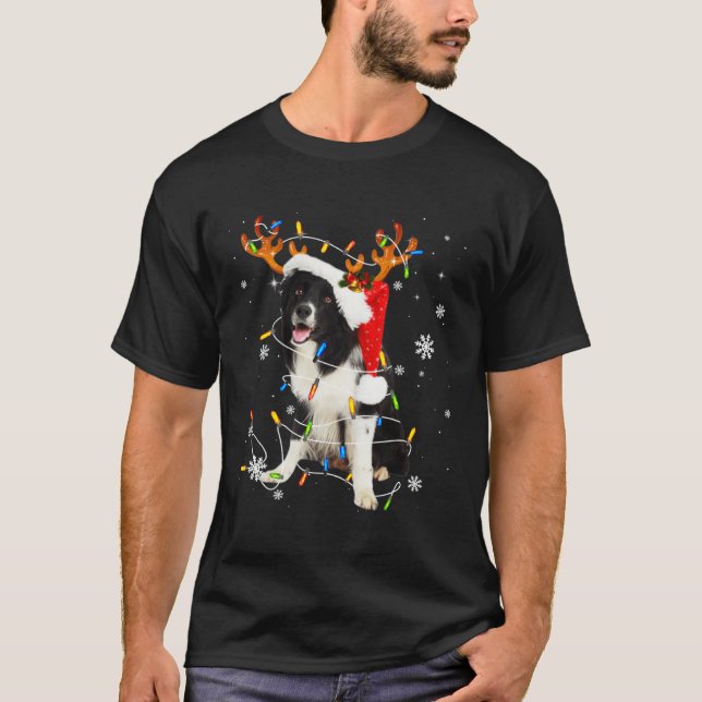 T-shirt Cute Border Collie Dog Lights Santa Hat Xmas Tree  (Devant)