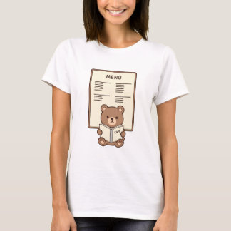 T-shirt Cute Brown Bear Reading Cafe Menu Illustration