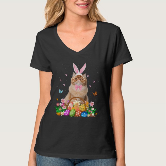 T-shirt Cute Bunny Persian Cat & Easter Egg Basket Easter  (Devant)