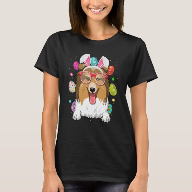 T-shirt Cute Bunny Shetland Sheepdogs Dog Face Easter Eggs (Devant)