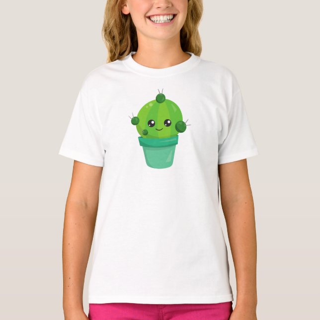 T-shirt Cute Cactus, Kawaii Cactus, Green Cactus, Pot (Devant)