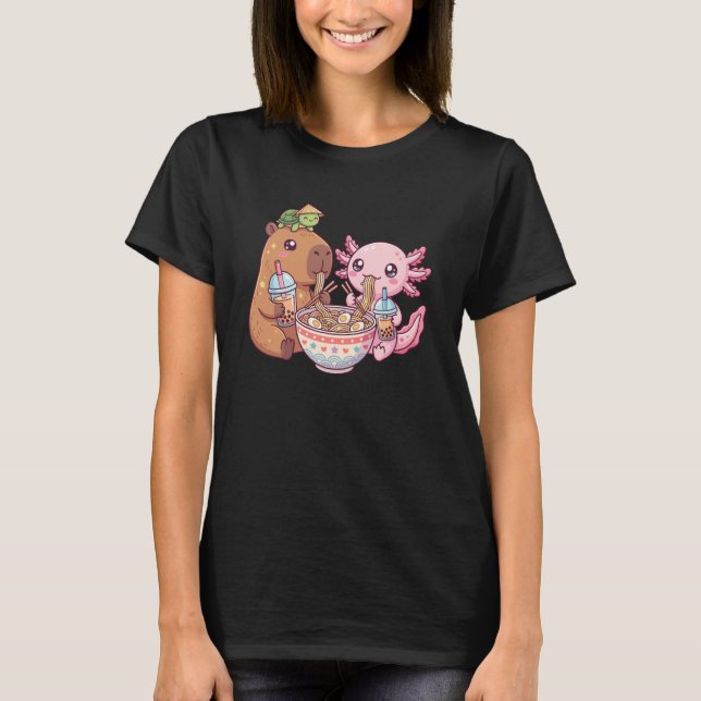T-shirt Cute Capybara Pink Axolotl Ramen Turtle Bubble Tea (Devant)