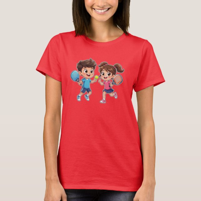 T-shirt Cute Cartoon Boy and Girl Playing Padel Tennis – F (Devant)