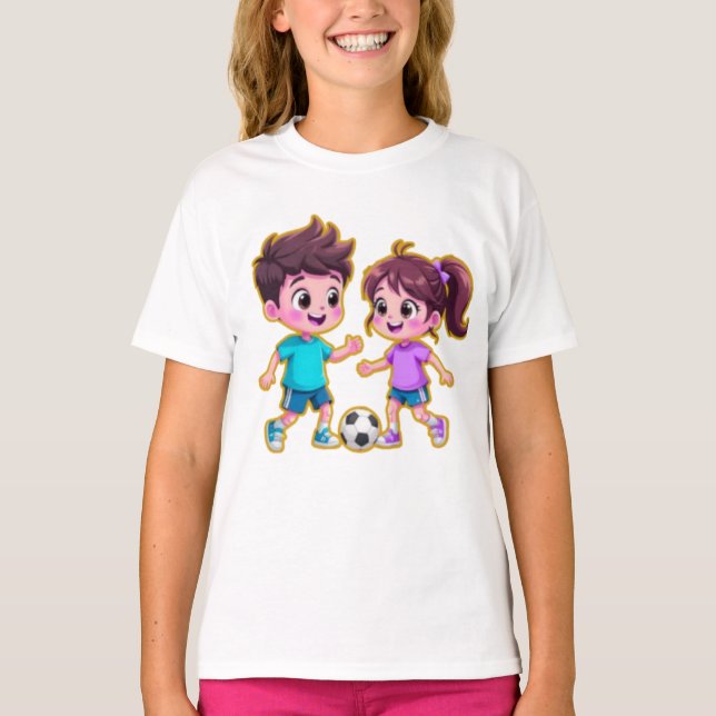T-shirt Cute Cartoon Boy and Girl Playing Soccer Together  (Devant)