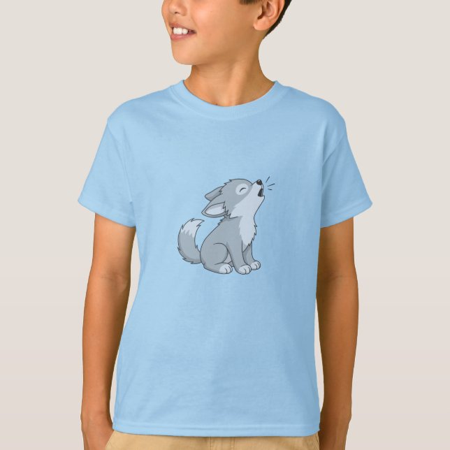 T-shirt Cute Cartoon Howling Wolf Pup (Devant)