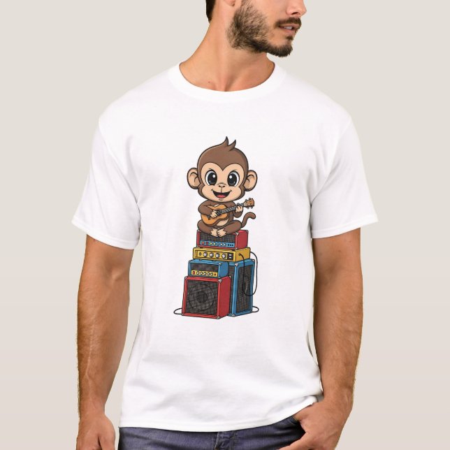 T-shirt Cute Cartoon Monkey Musician Playing Ukulele (Devant)