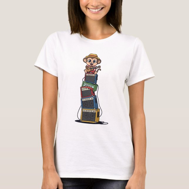 T-shirt Cute Cartoon Monkey Rocker Playing Ukulele (Devant)