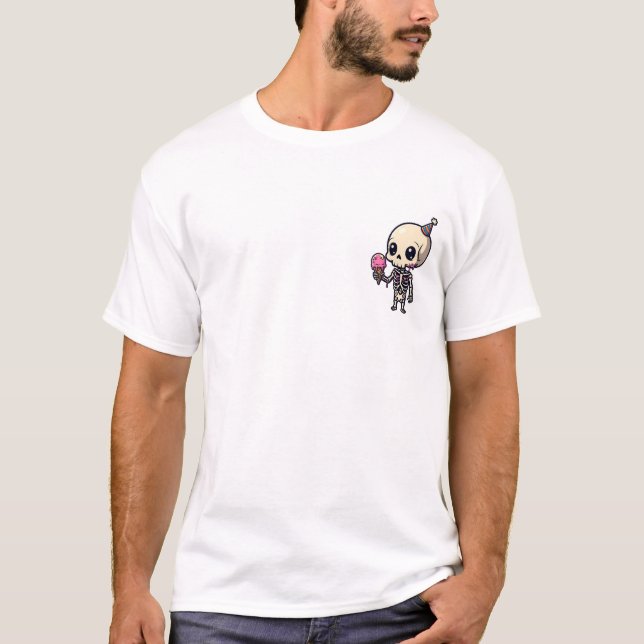 T-shirt Cute Cartoon Skeleton Wearing Party Hat Holding (Devant)