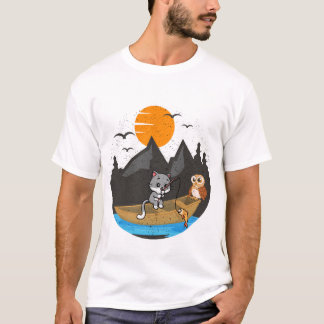 T-shirt Cute Cat And Owl Fishing Boat Nature Art