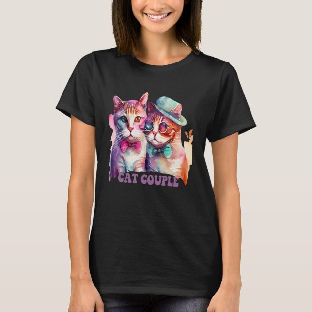 T-shirt Cute Cat Couple With Hat And Glasses For Cat (Devant)
