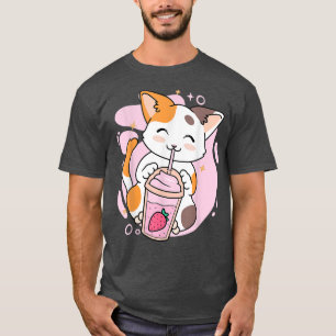T-shirt Cute Cat fraise Milkshake Anime Kawaii Neko Gi