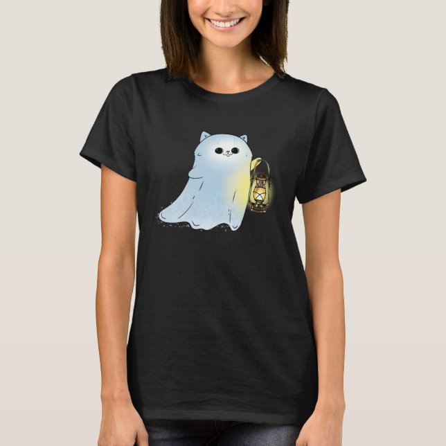 T-shirt Cute Cat Ghost With Lantern Spook Phantom Hallowee (Devant)