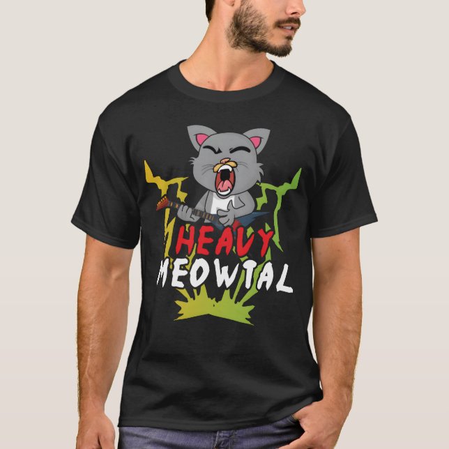 T-shirt Cute Cat Heavy Meow Metal Music Lover Guitar funny (Devant)