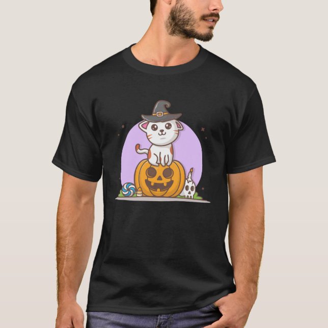 T-shirt Cute Cat in Witches Hat on Pumpkin with Candy  Hal (Devant)