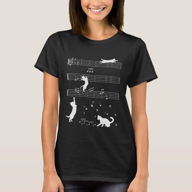 T-shirt Cute Cat Kitty Playing Music Note Clef Musician (Devant)