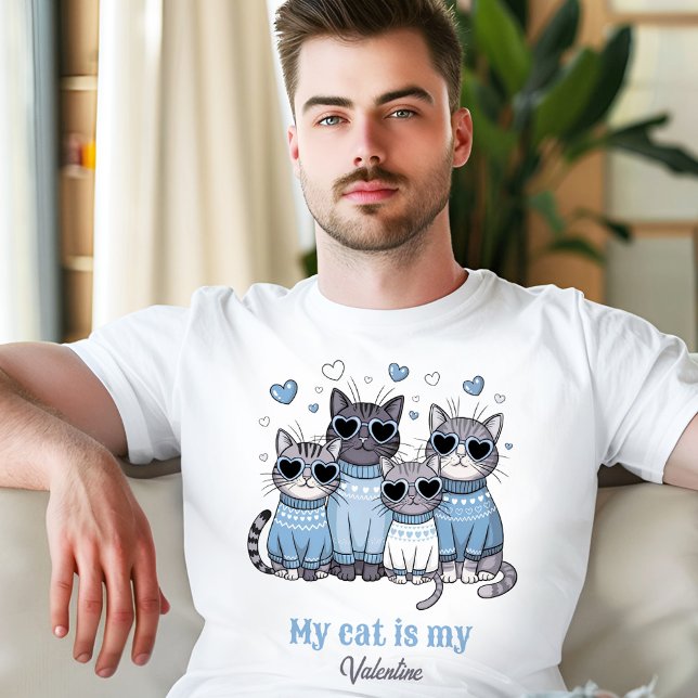 T-shirt Cute Cat Kitty Valentine Blue Nom personnalisé Hom (Cute Cat Kitty Valentine Blue Men's Custom Name T-Shirt)