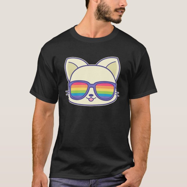 T-shirt Cute Cat Pride Flag Rainbow Sunglasses LGBTQ (Devant)