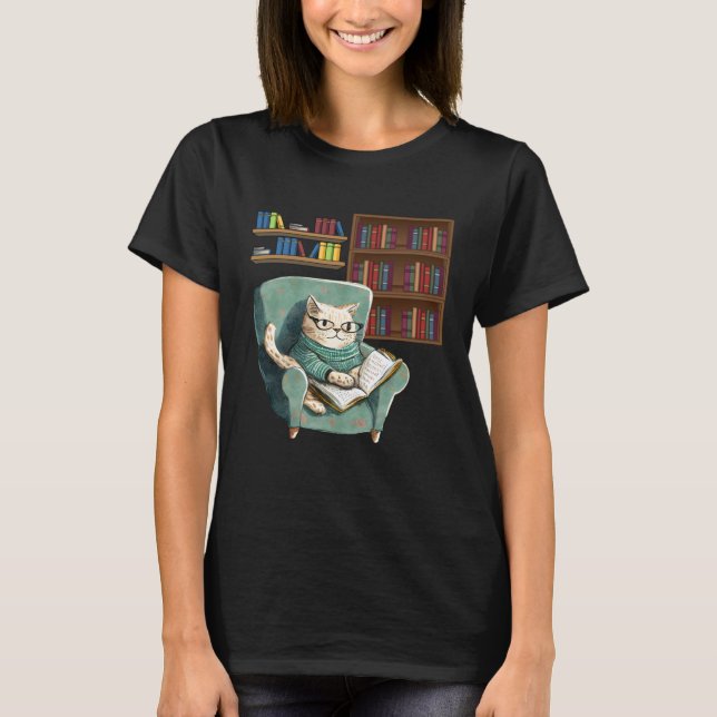 T-shirt Cute Cat Reading Book Bookworms Cat  Reading (Devant)
