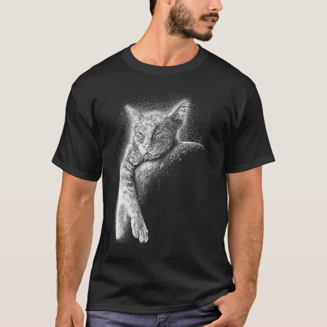 T-shirt Cute Cat Sleeping On The Moon Full Moon Space Kitt (Devant)